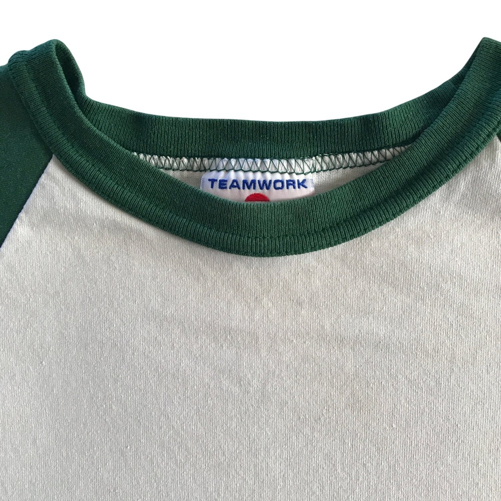 Vintage Teamwork Mens Baseball T-Shirt Green Cream 3/4 Sleeve Athletic Tee - Picture 3 of 15